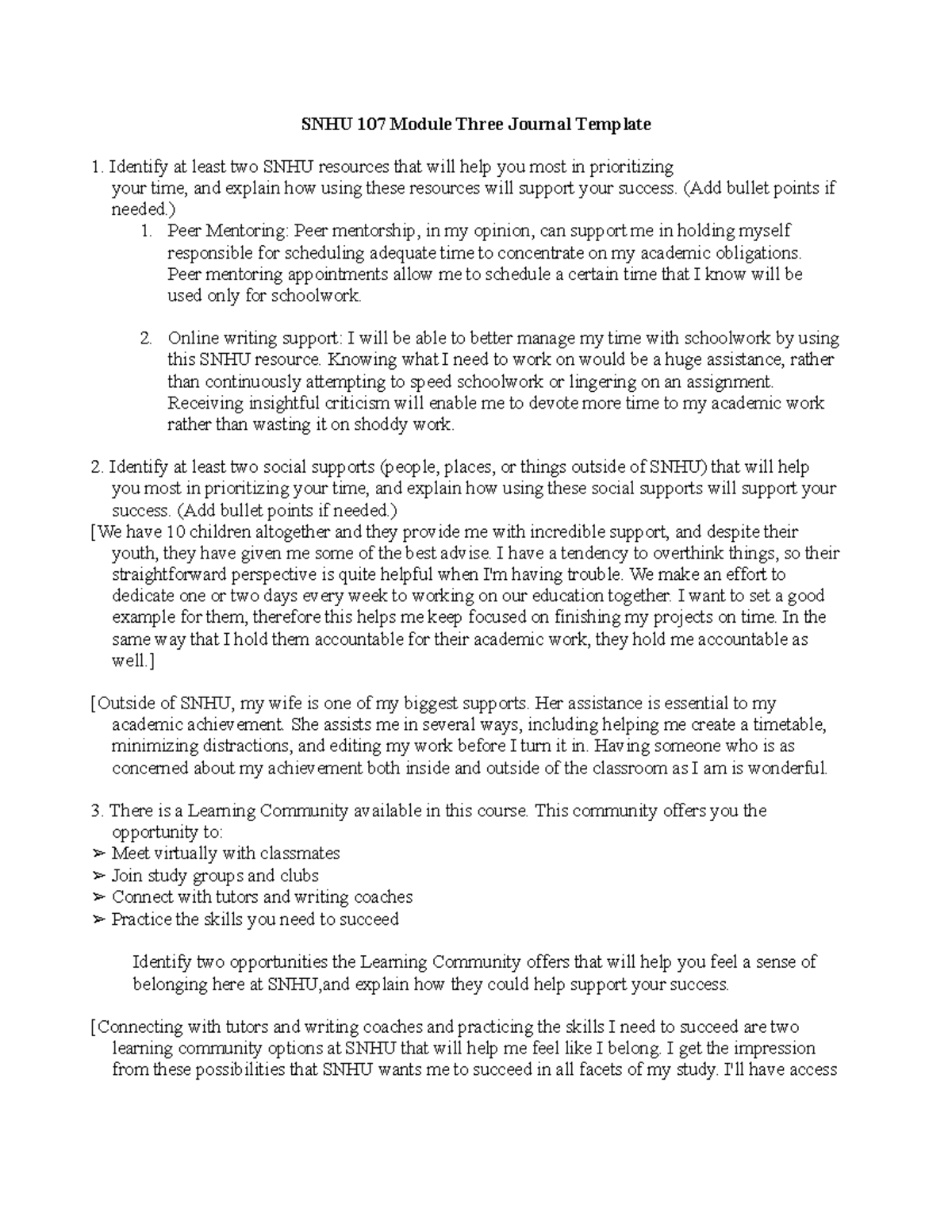 SNHU 107 Week 3 Time Management Journal Entry and Support Strategies ...