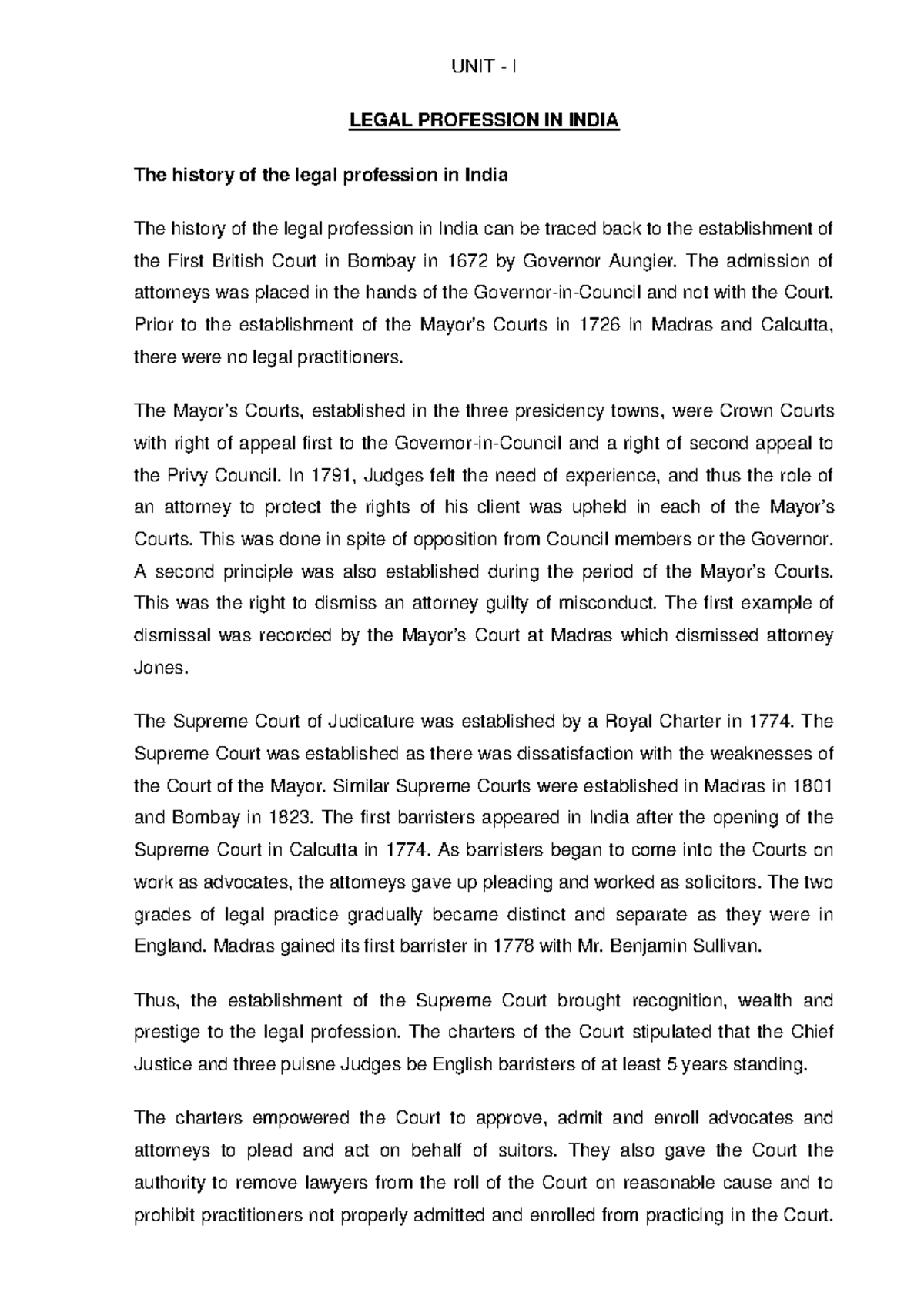 UNIT I: LEGAL PROFESSION IN INDIA - PROFESSIONAL ETHICS NOTES - Studocu