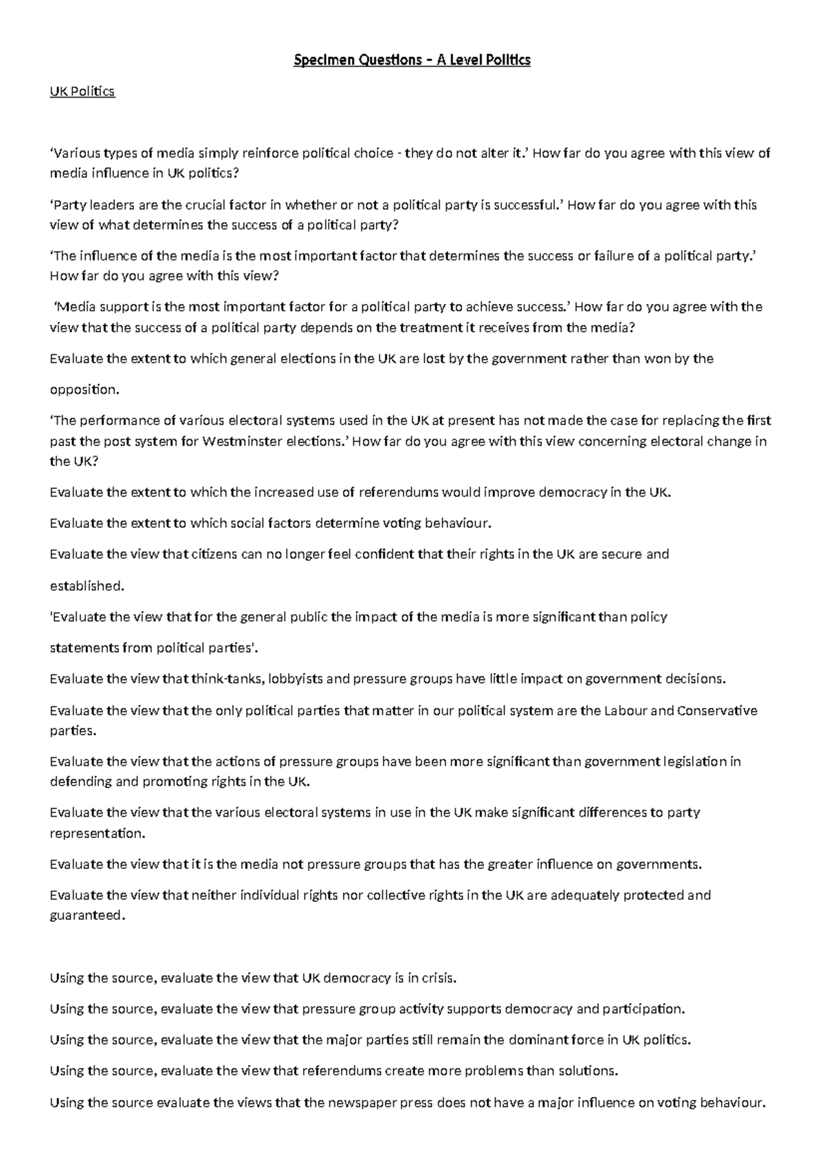 Specimen Questions for A Level Politics: Media Influence & Political ...