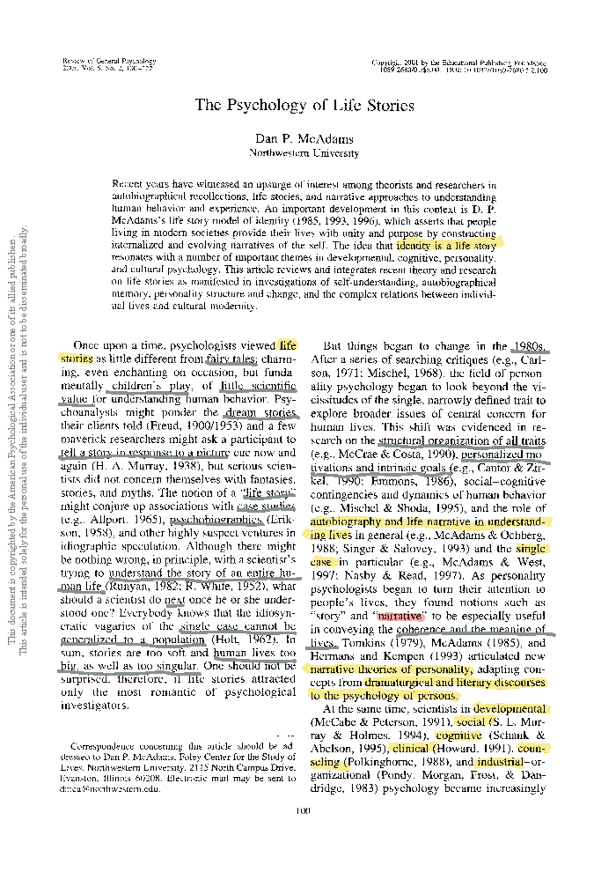 Mcadams PSY 200: The Psychology of Life Stories and Identity - Studocu