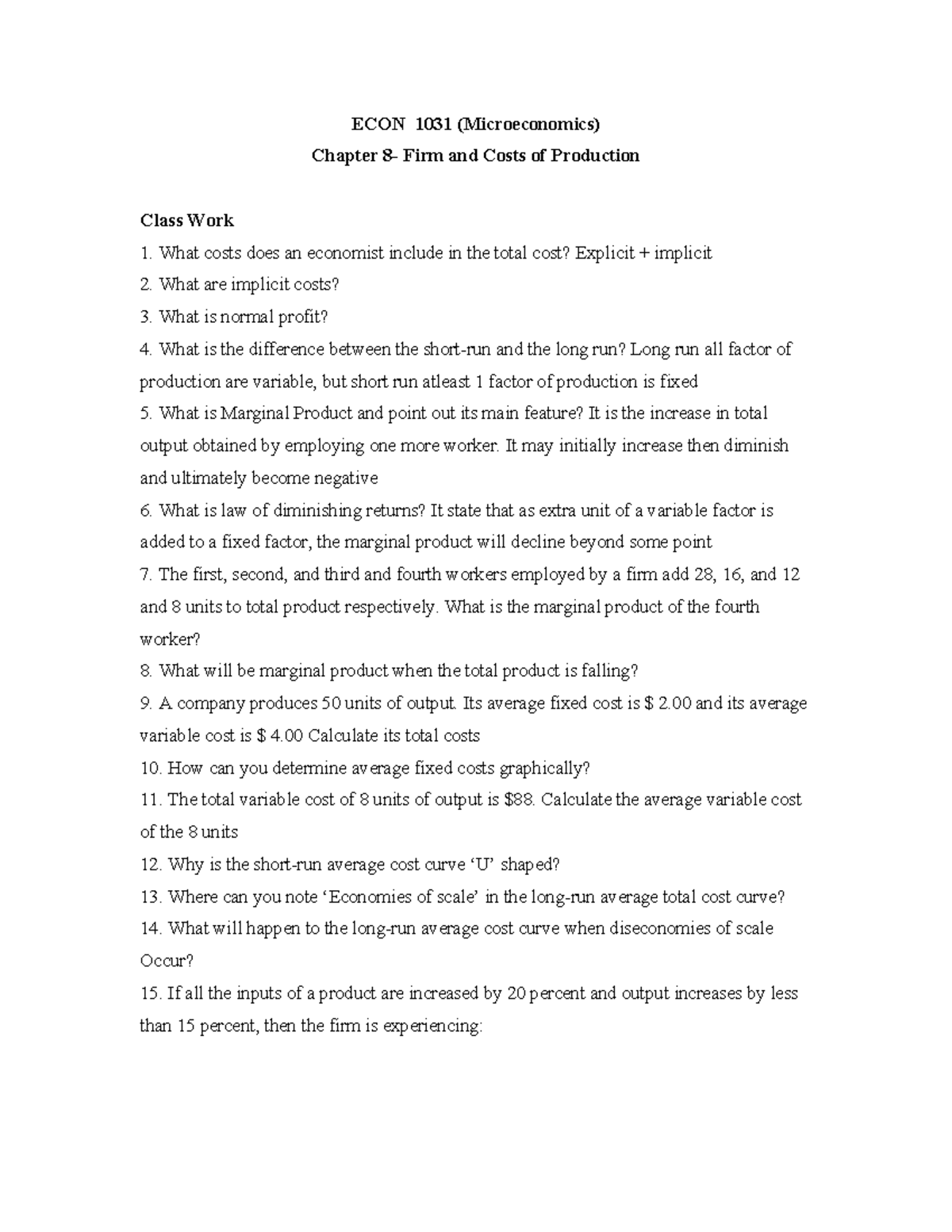 ECON 1031 Microeconomics Chapter on Firm Costs and Production - Studocu
