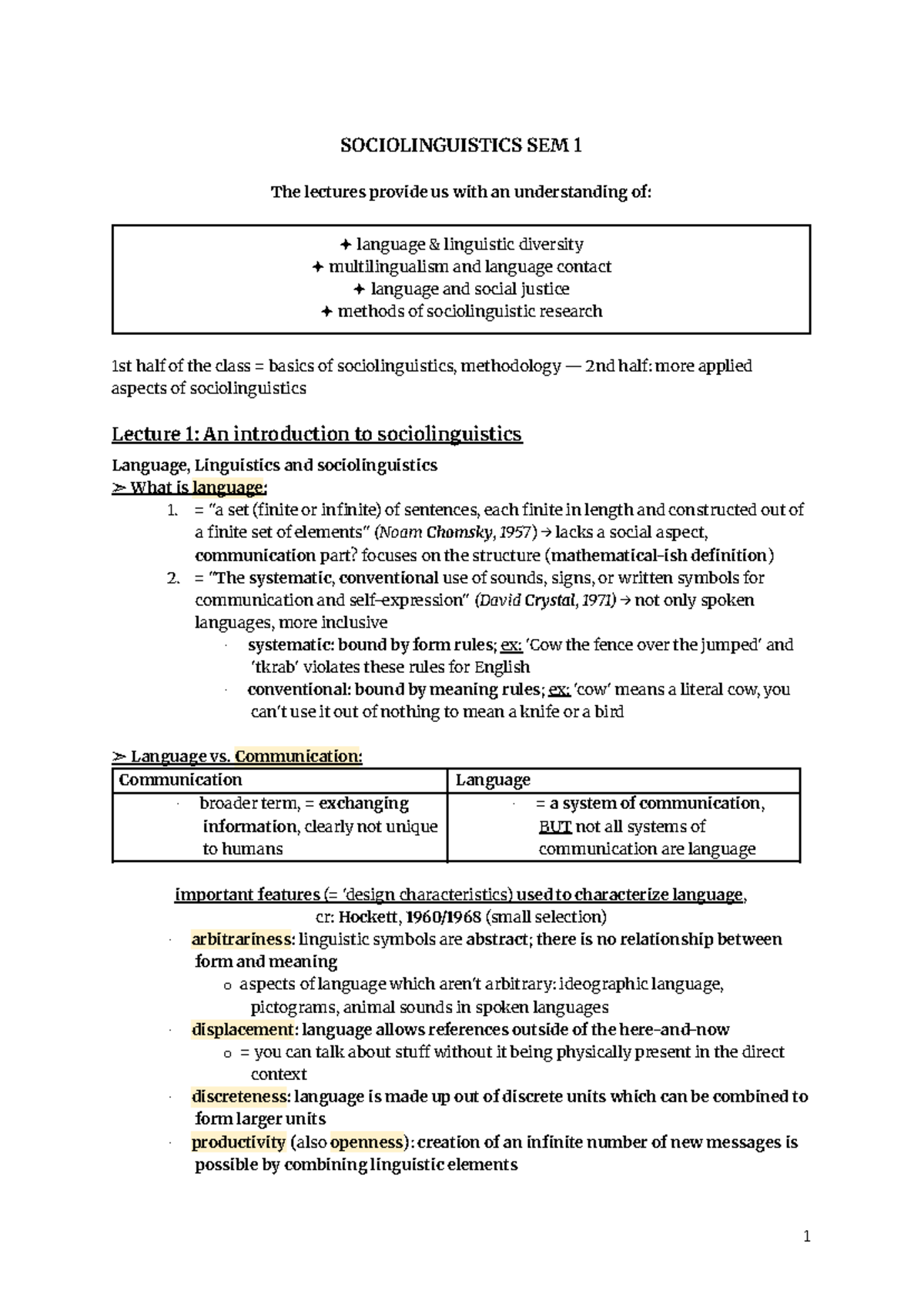 SOCIOLINGUISTICS SEM 1: Lecture Notes on Language and Society - Studeersnel