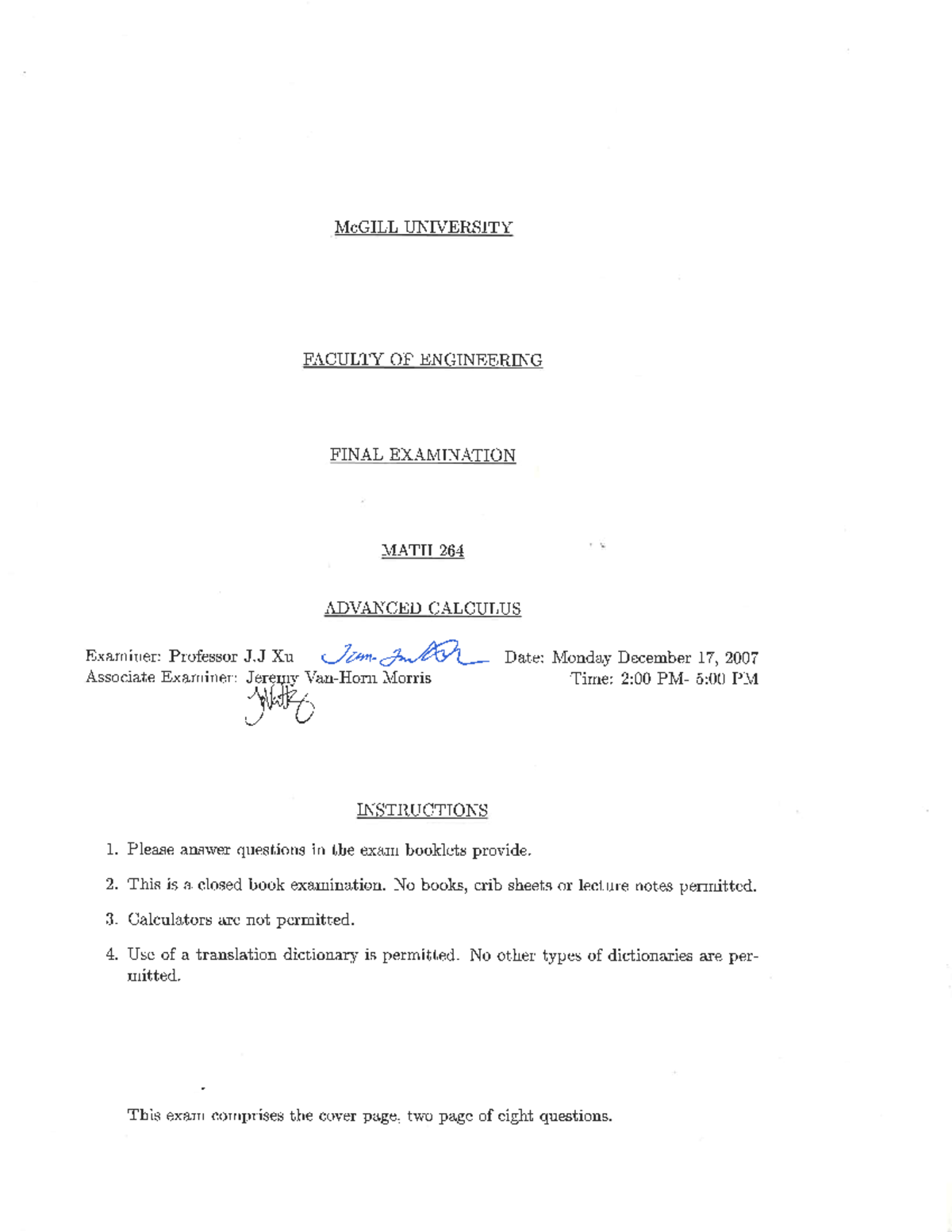 MATH 264 Final Exam - Advanced Calculus December 2007 - Studocu
