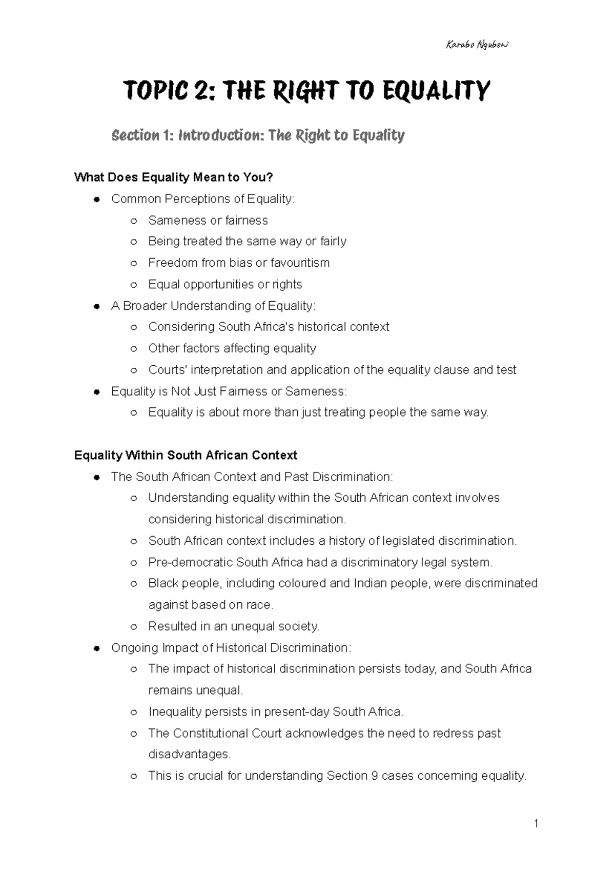 Topic 2: The Right to Equality in South Africa - Key Aspects and Cases ...