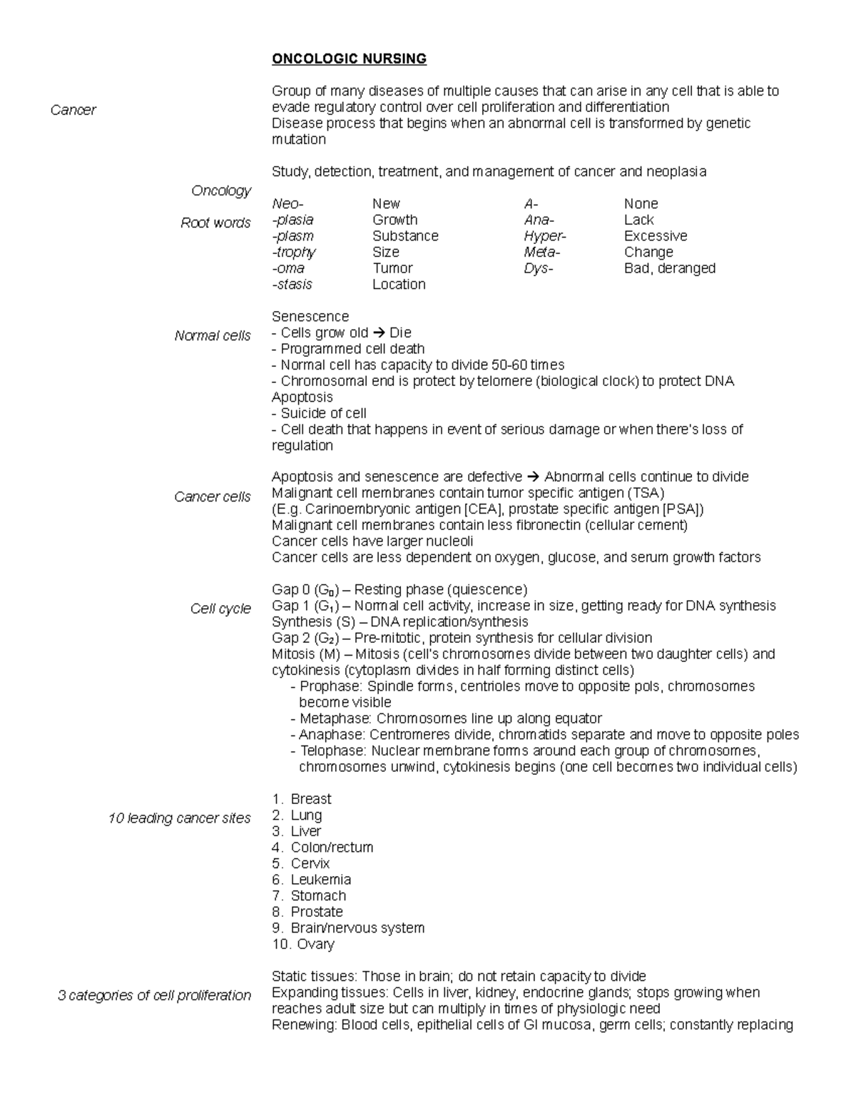 SLU Nursing DEPT Oncologic Nursing Study Guide and Key Concepts - Studocu