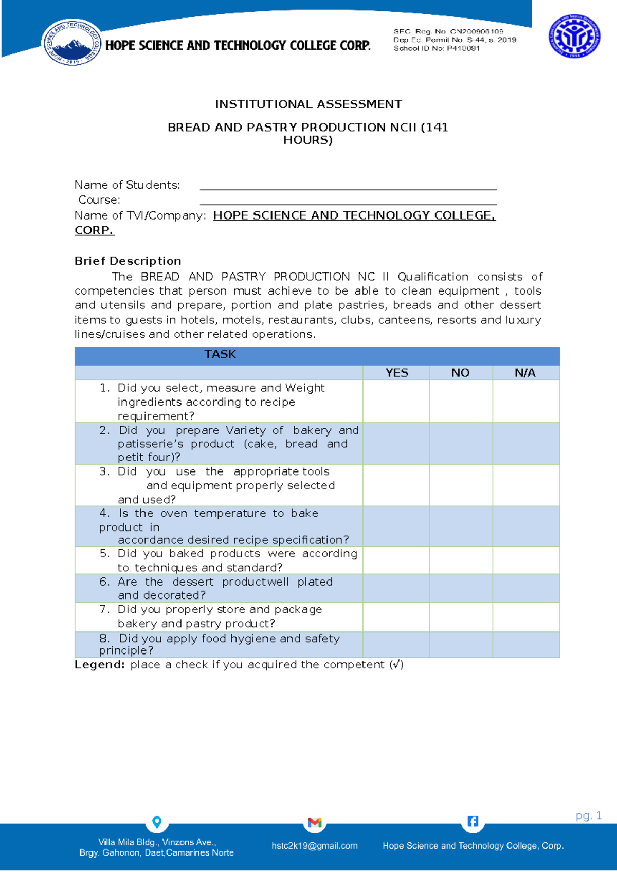 Institutional Assessment for Cookery, Food & Beverage Services, and ...