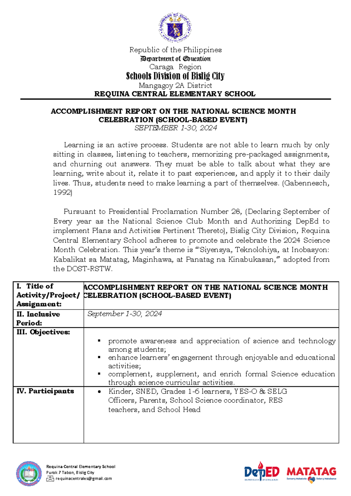 Accomplishment Report: National Science Month Celebration 2024 ...