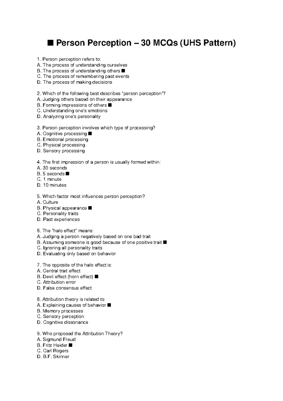 Person Perception: 30 MCQs for UHS Exam Preparation - Studocu