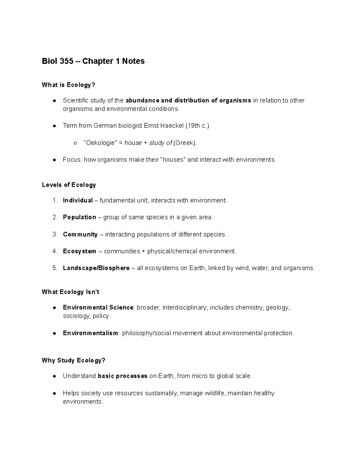 Biol 355 Chapter 1 Notes: Introduction to Ecology and Key Concepts ...