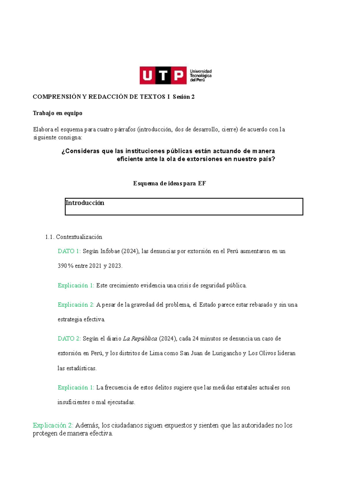 Esquema para Examen Final: Eficiencia de Instituciones Públicas ante Extorsiones - Document Preview