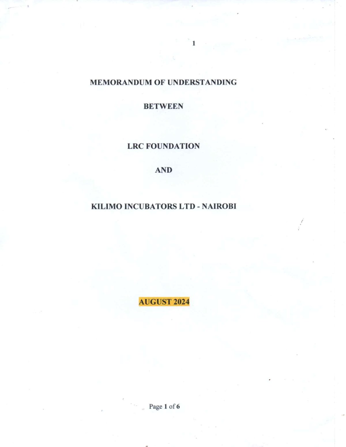 MOU Between LRC Foundation & Kilimo Incubators Ltd - Aug 2024 - Studocu