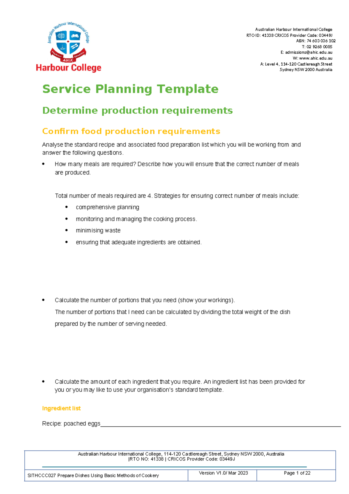 SITHCCC 027 Service Planning Template for Meal Production - Studocu