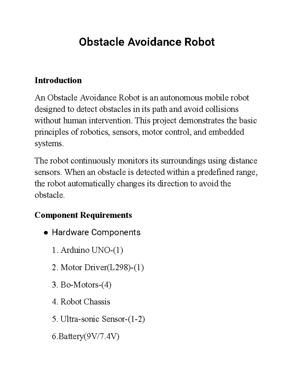 Obstacle Avoidance Robot Project Overview and Principles - Studocu