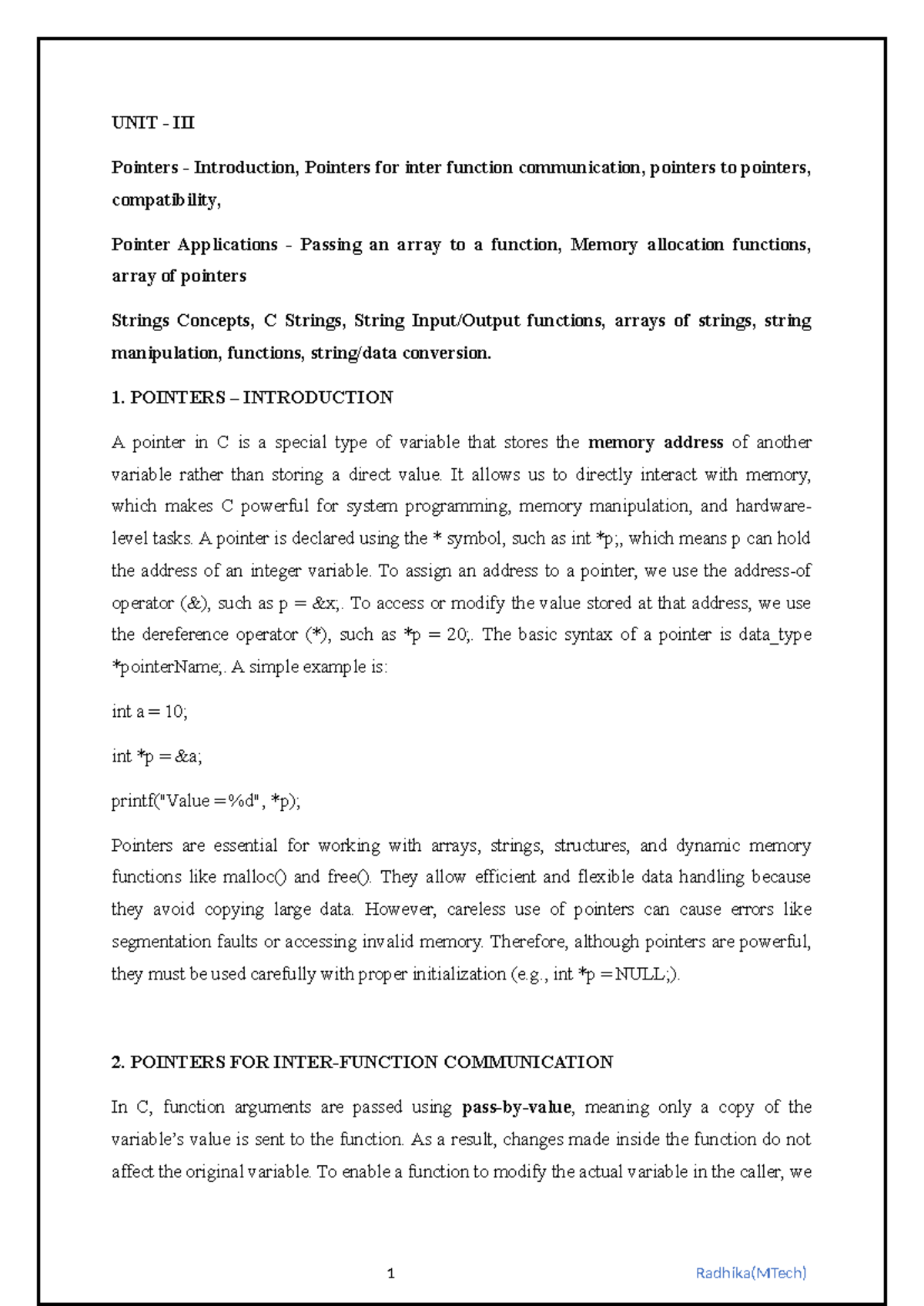 UNIT-3,4 - Understanding Pointers and String Manipulation in C - Studocu
