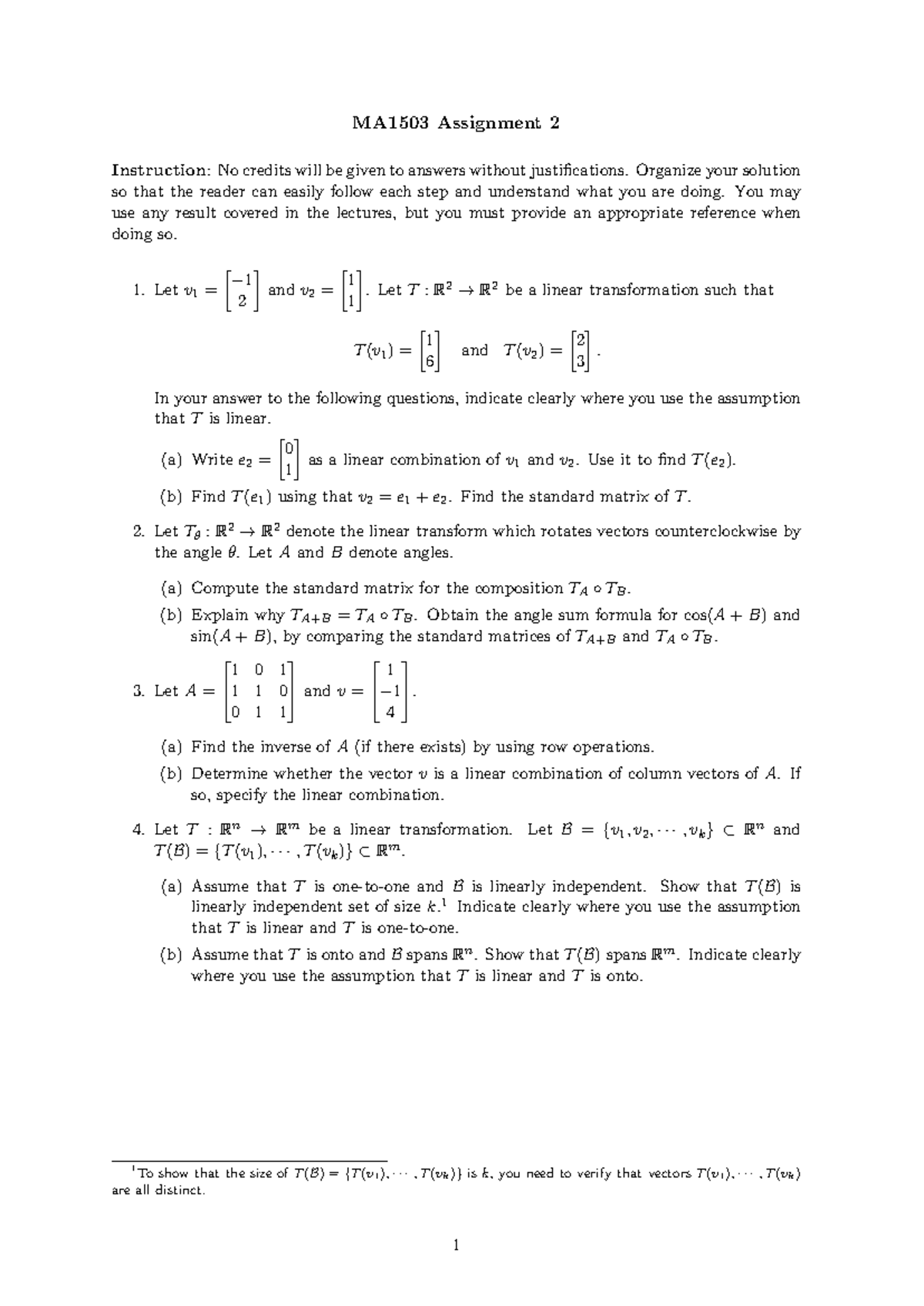 MA1503 Assignment 2: Linear Transformations and Justifications - Studocu
