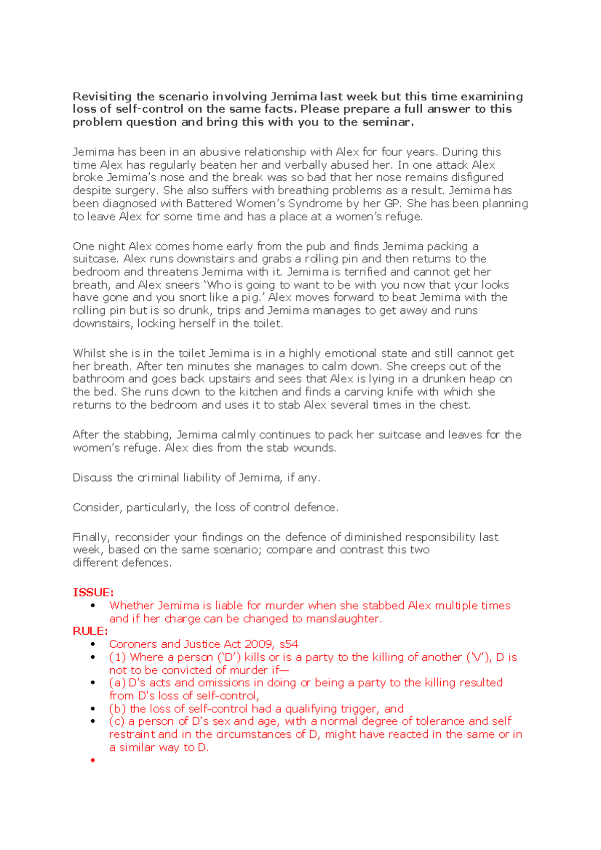 Seminar 9&10: Criminal Law - Loss of Control Defense Analysis - Studocu
