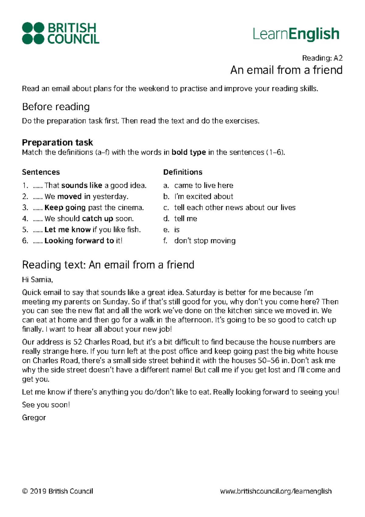 Learn English Reading A2: Email from a Friend Exercise Guide - Studocu