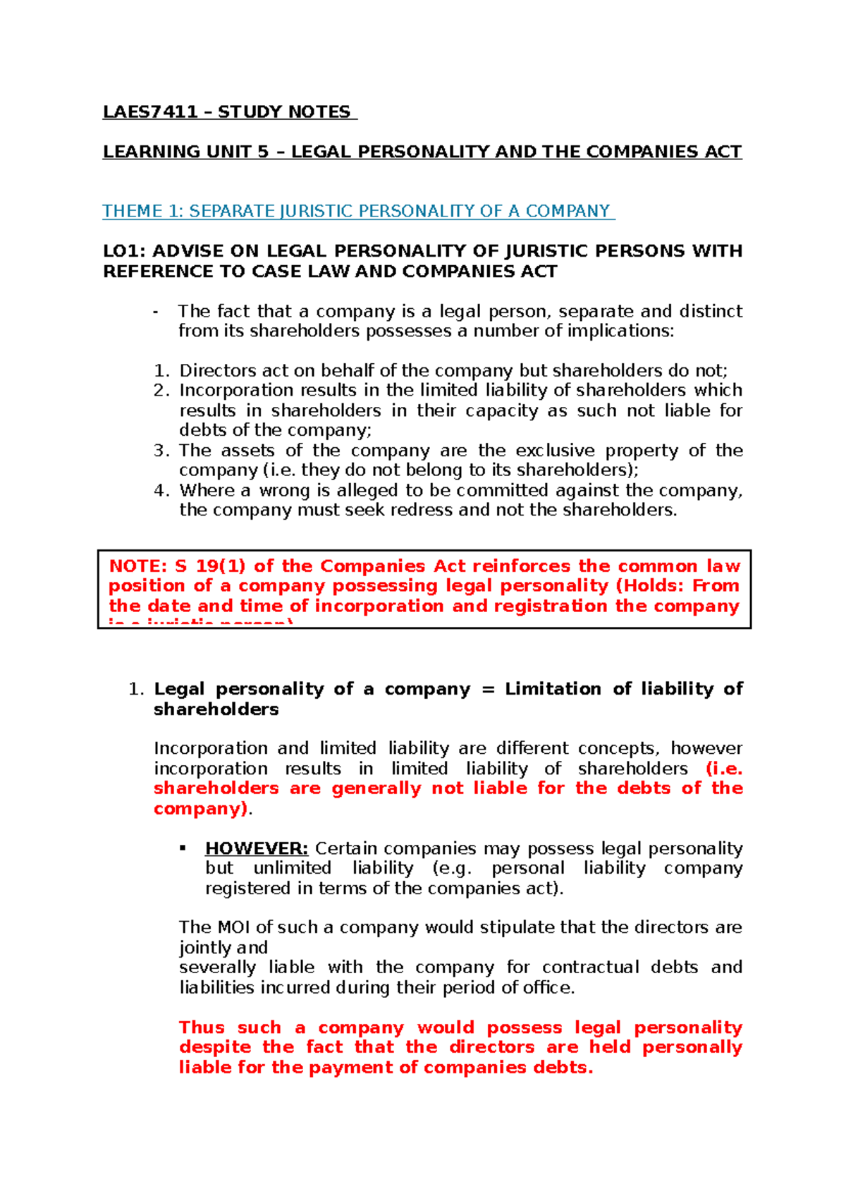 LAES7411 TEST 2 Study Notes on Legal Personality & Companies Act - Studocu