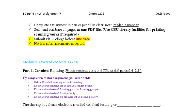HW 7: Covalent Bonding & Lewis Dot Structures - Chem 1211 - Studocu