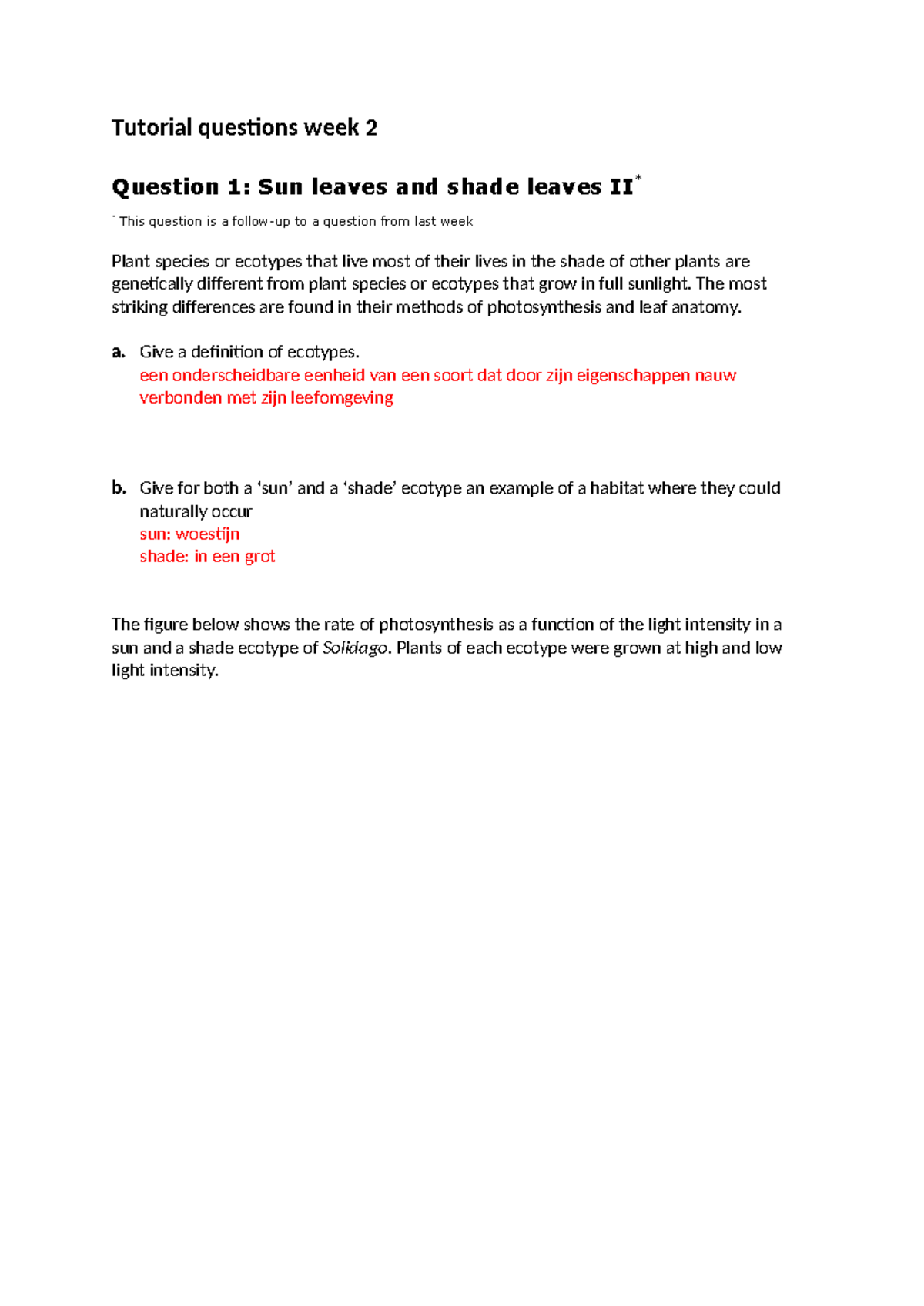 Week 2 Tutorial Questions: Photosynthesis & Ecotypes Analysis - Studeersnel