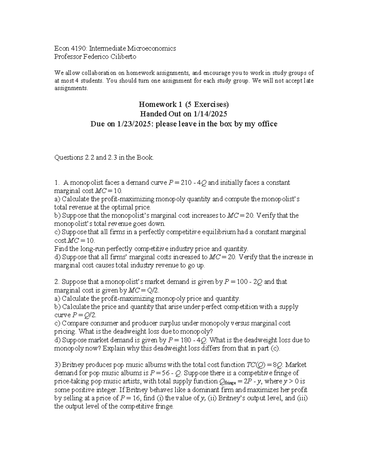 Homework 1 - Econ 4190 : Intermediate Microeconomics Professor Federico ...