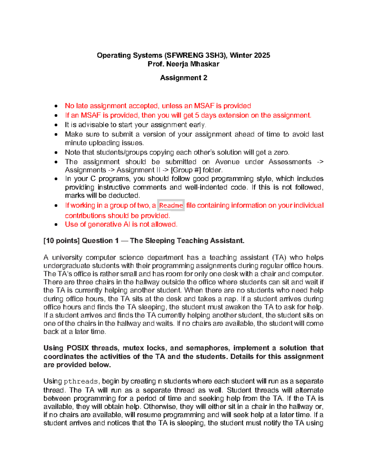 Operating Systems Assignment 2 - Operating Systems (SFWRENG 3SH3 ...