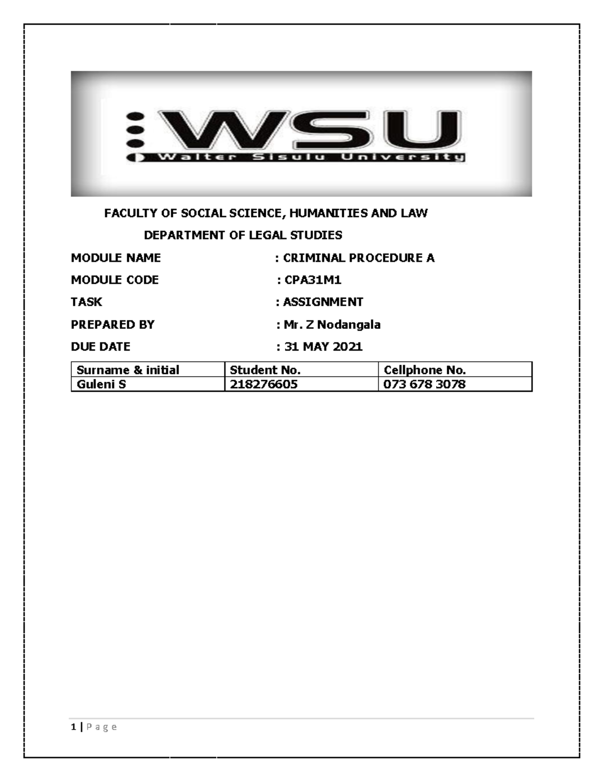 Criminal Procedure A Assignment 1 - FACULTY OF SOCIAL SCIENCE ...