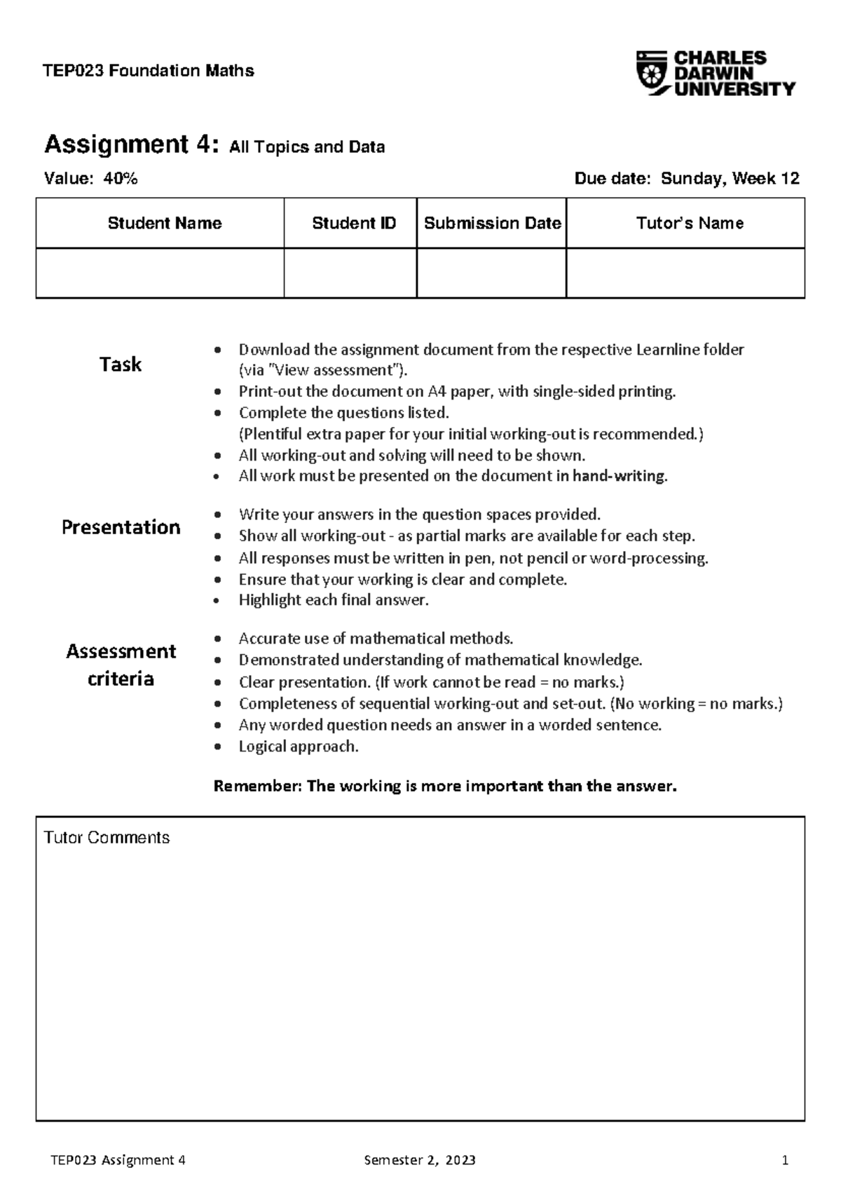 TEP023 Foundation Maths – Assignment 4: Full Coverage & Assessment ...