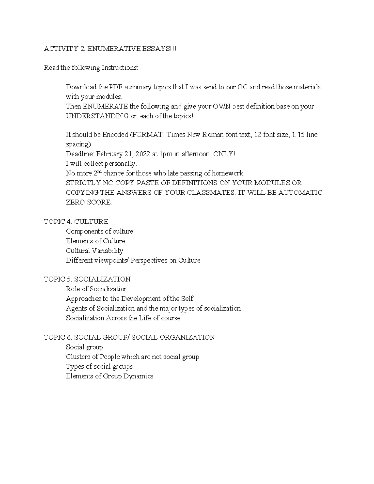 ACTIVITY 2: ENUMERATIVE SUMMARY ON CULTURE & SOCIALIZATION TOPICS - Studocu