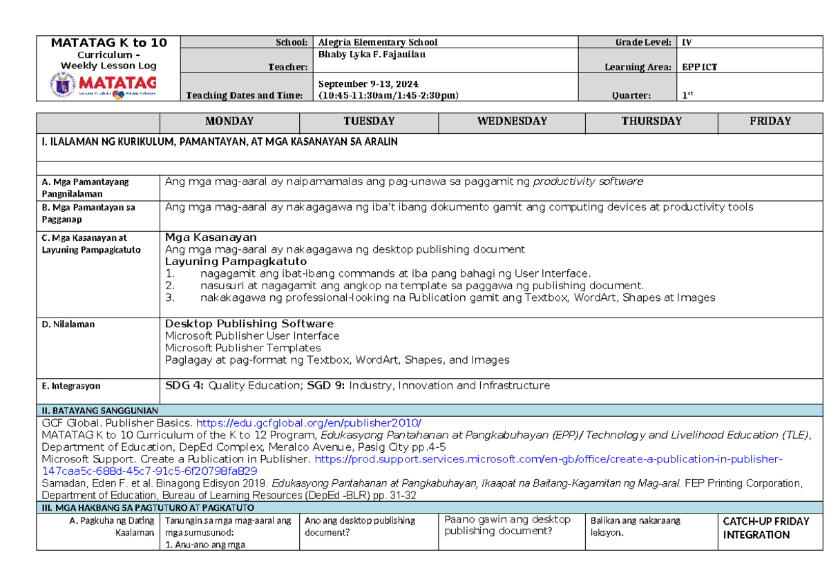 DLL EPP ICT 4 Q1 W5 Final - Weekly Lesson Plan for EPP ICT 4 - Studocu