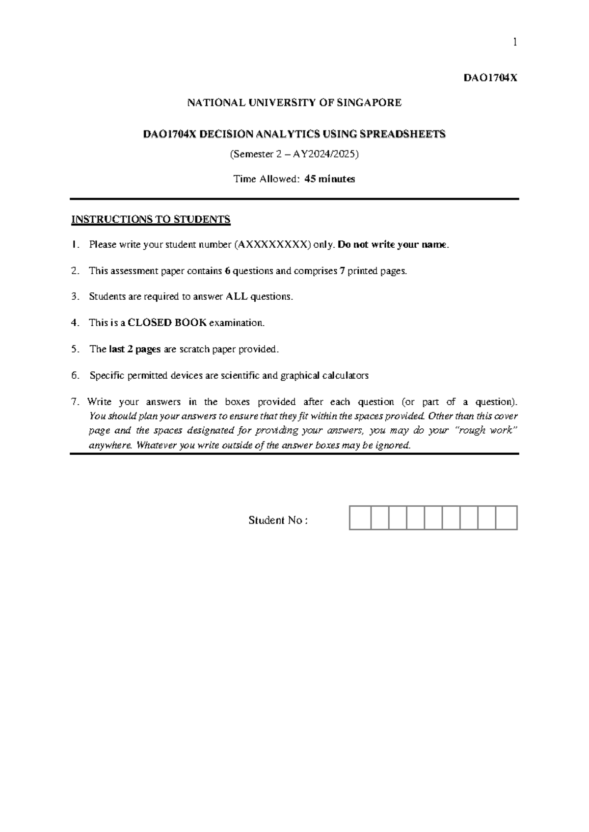 DAO1704X Midterm Exam: Decision Analytics Using Spreadsheets - Document Preview