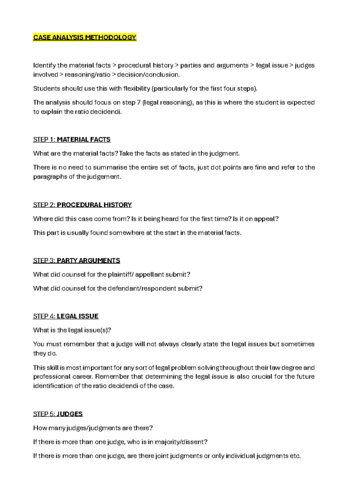 CASE ANALYSIS METHODOLOGY: Key Steps for Legal Reasoning - Studocu