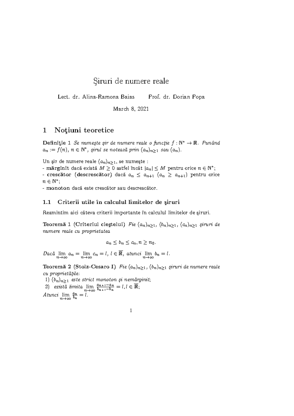 Siruri de Numere Reale - Notiuni Teoretice si Probleme (Curs ...