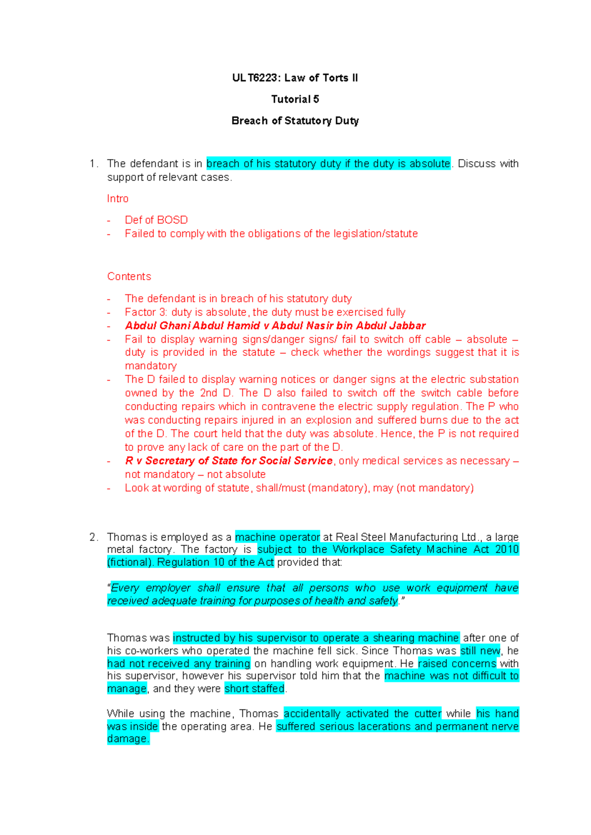 ULT6223: Law of Torts II Tutorial 5 - Breach of Statutory Duty Analysis ...