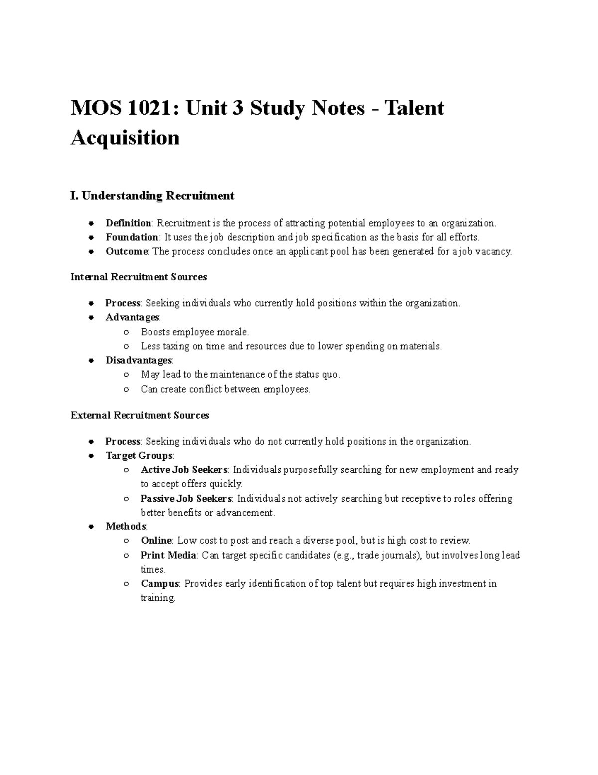 MOS 1021: Unit 3 Study Notes on Talent Acquisition & Recruitment - Studocu