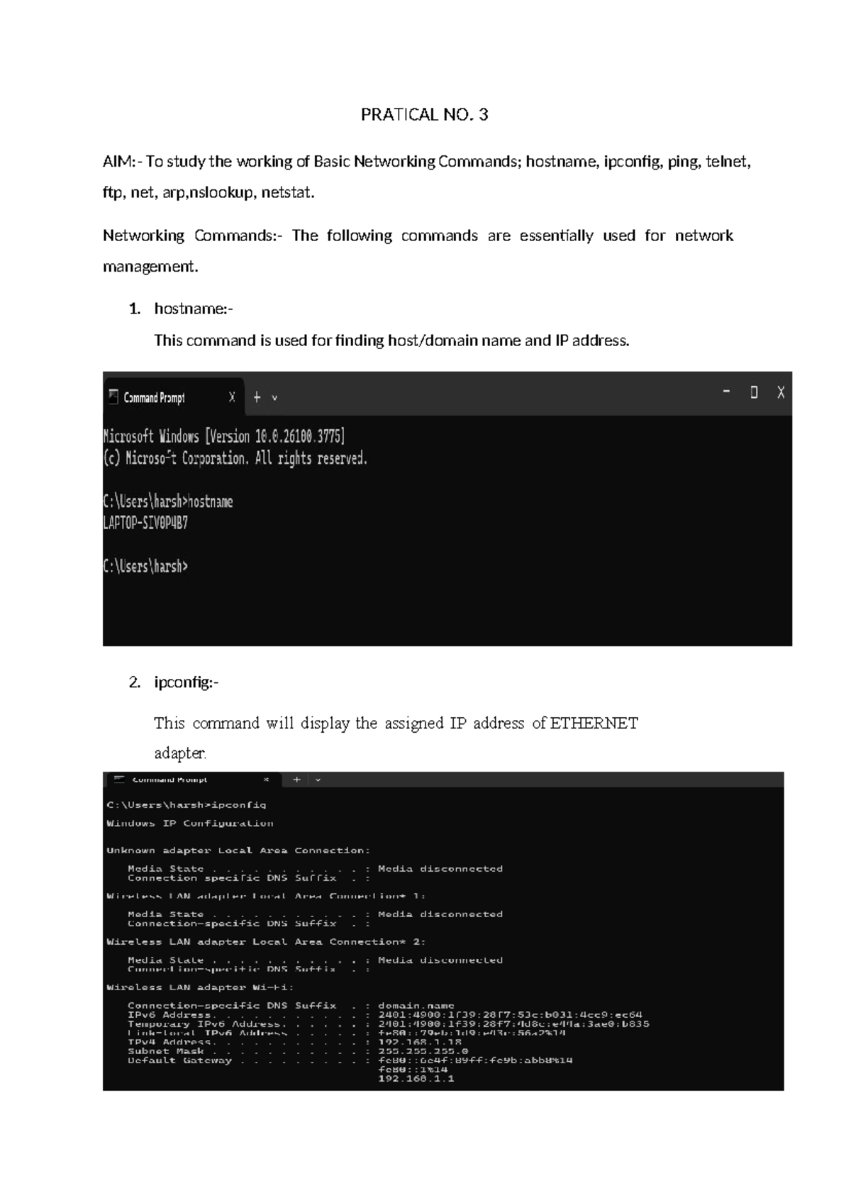 Practical No. 3: Networking Commands - Hostname, IPConfig, Ping, Telnet ...