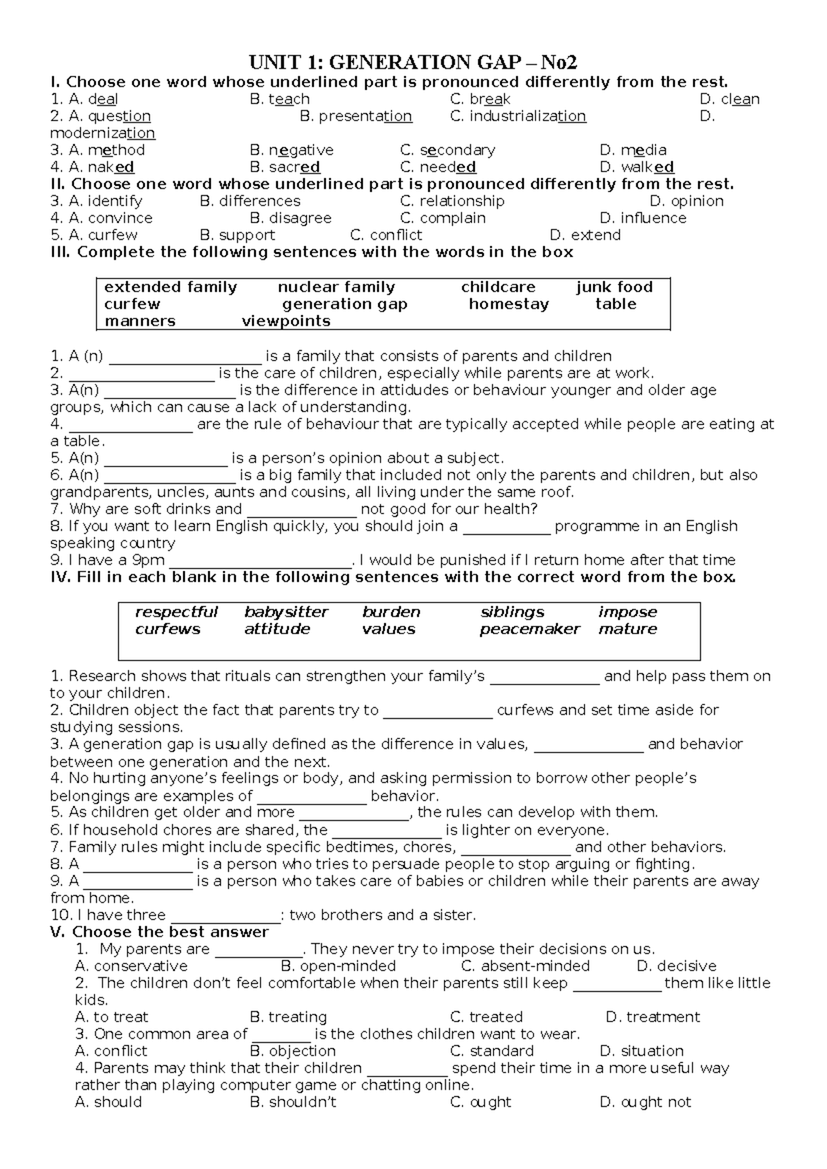 Lop 11 Exercises 1 - toan 5 - UNIT 1: GENERATION GAP – No I. Choose one ...