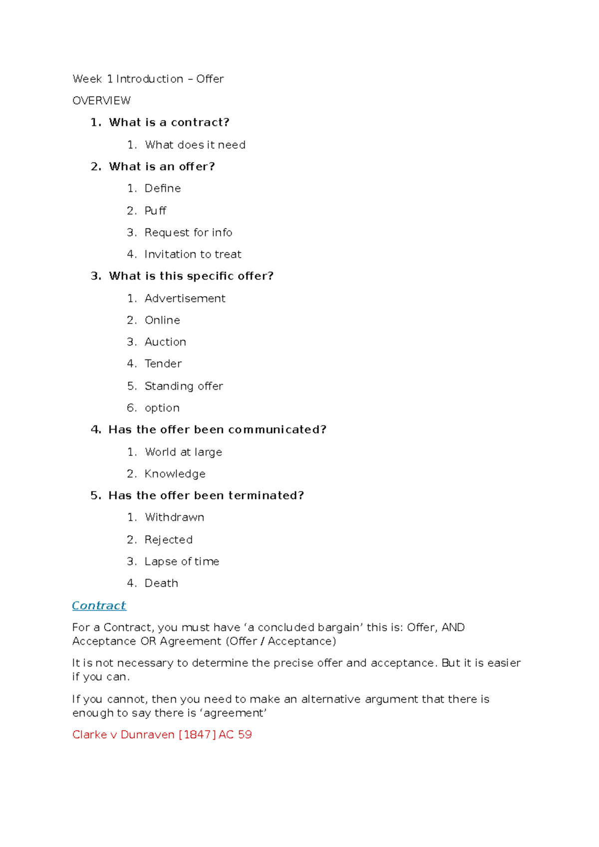 Contract Law Lecture Notes: Week 1 Overview of Offers and Acceptance ...