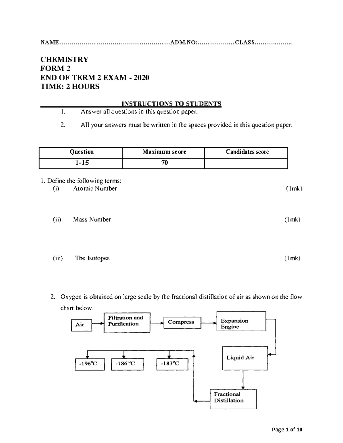 Form 2 End Term 2 Chemistry Exam 2020 - Detailed Question Paper - Studocu