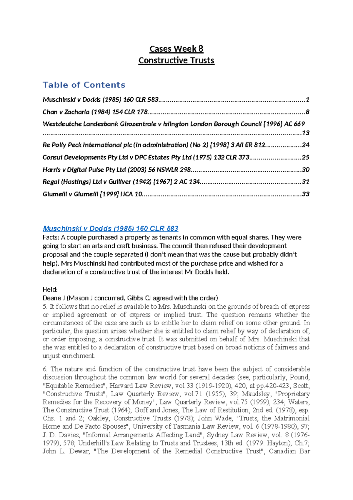 Cases Week 8: Constructive Trusts Overview and Key Judgments - Studocu