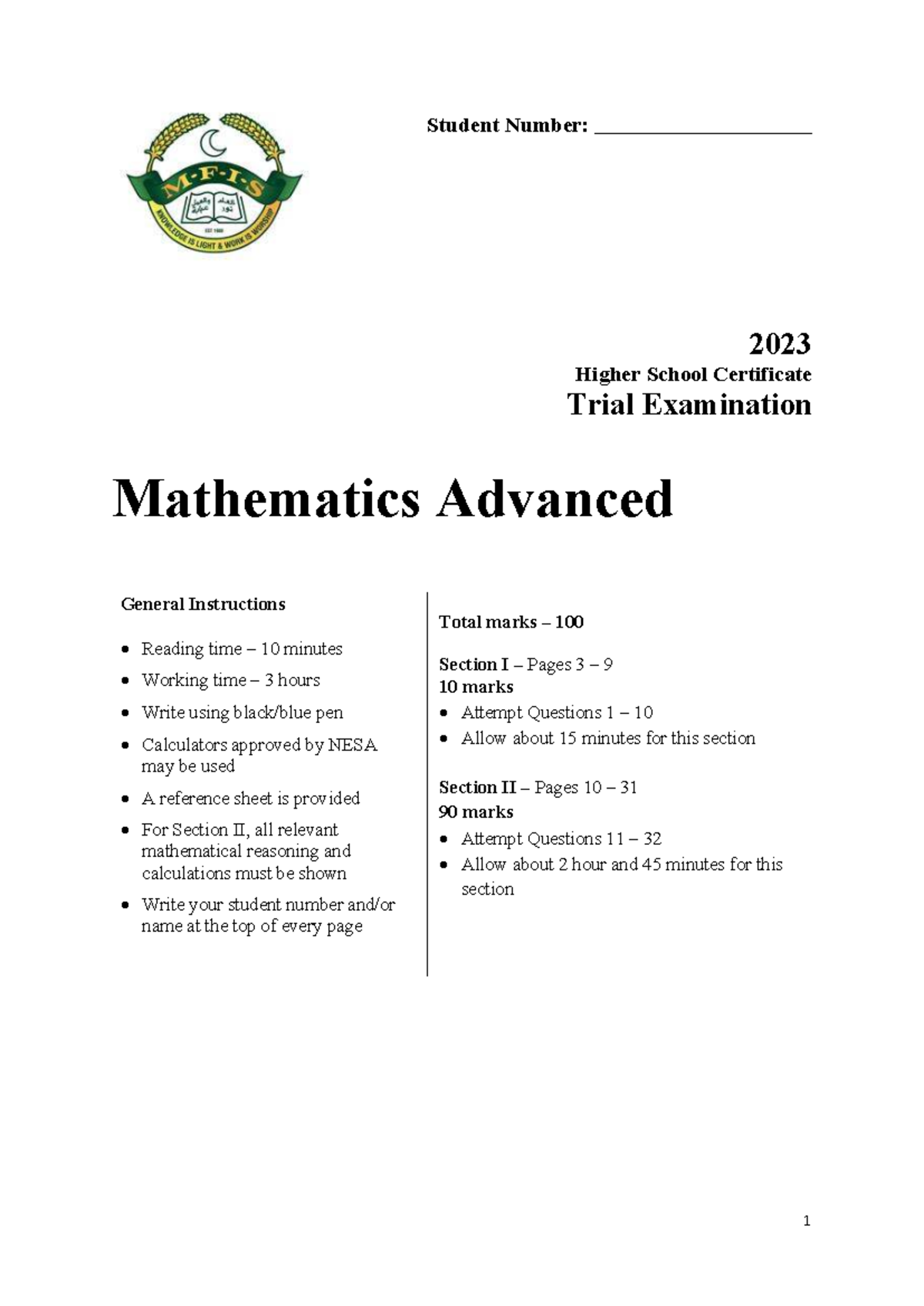 2023 HSC Trial Exam Mathematics Advanced - Paper & Solutions - Studocu