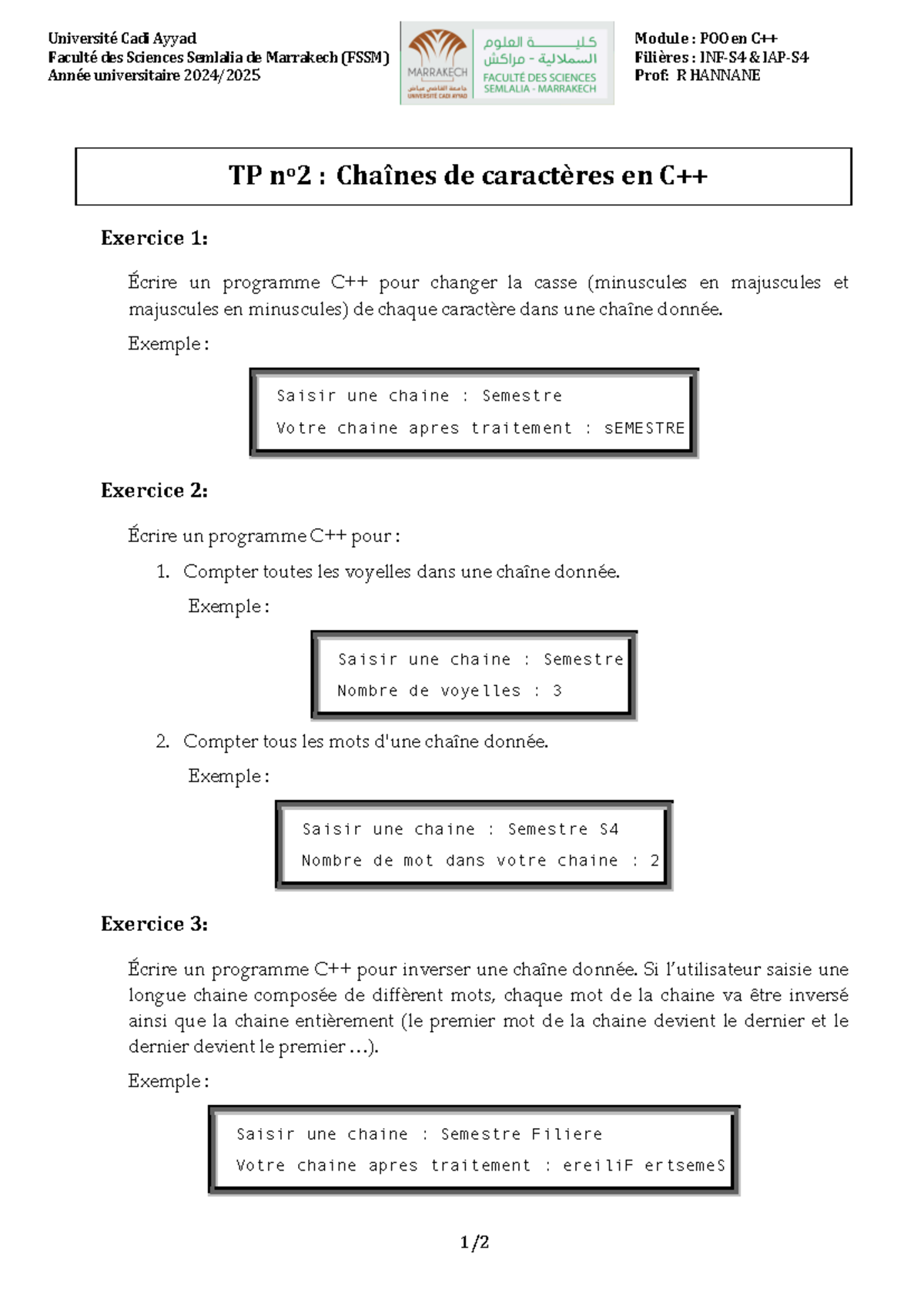 TP2 C++ - Exercices sur les Chaînes de Caractères en POO - Studocu