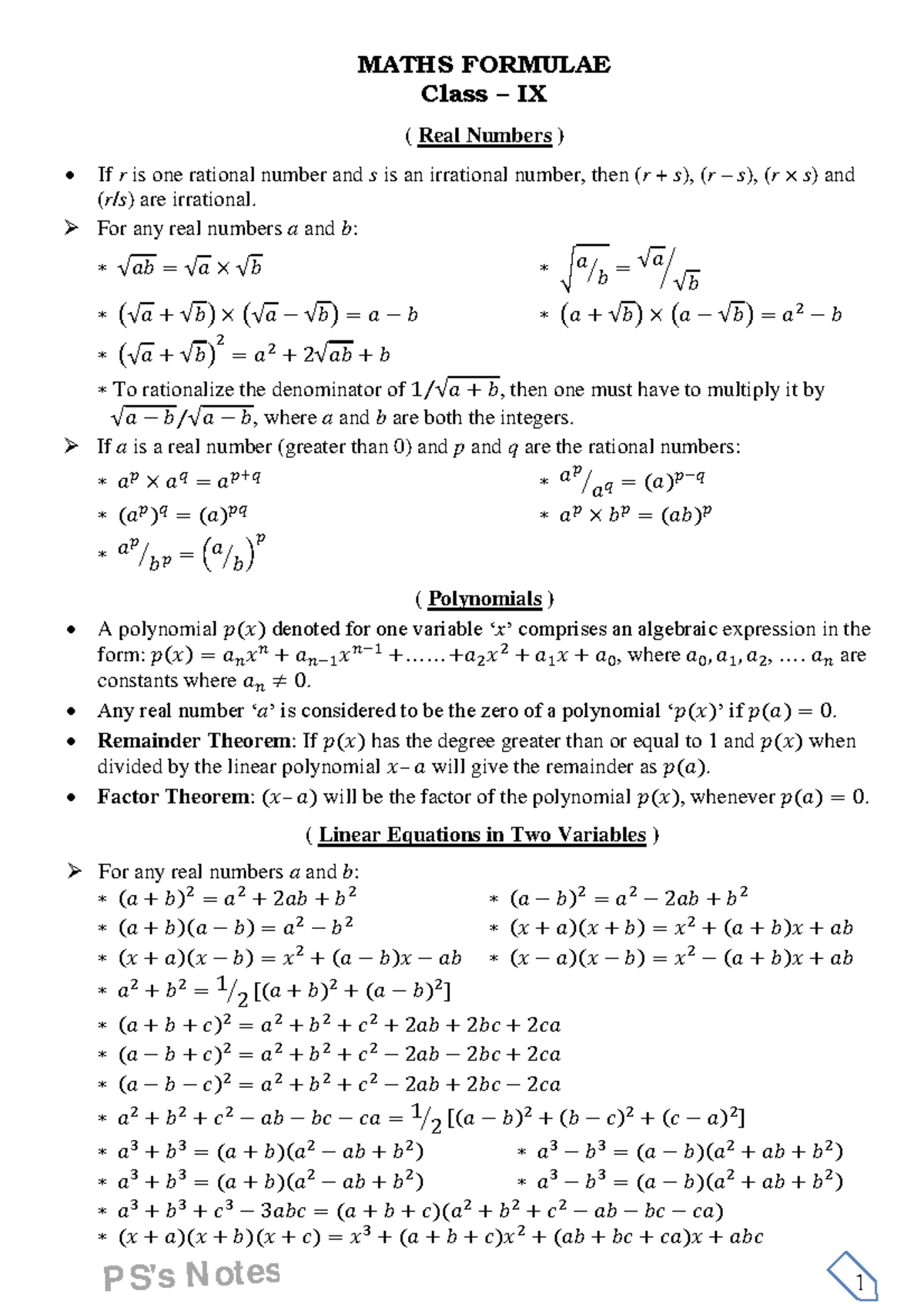 Maths Formulae - It is best formulas - 1 MATHS FORMULAE Class – IX ...