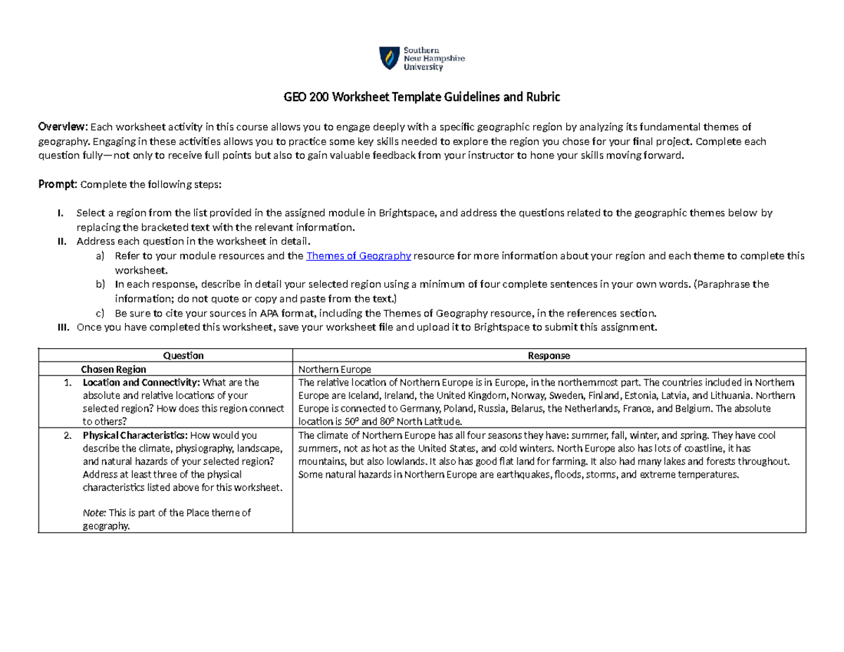 GEO 200 Final Project Worksheet: Analyzing Northern Europe - Studocu
