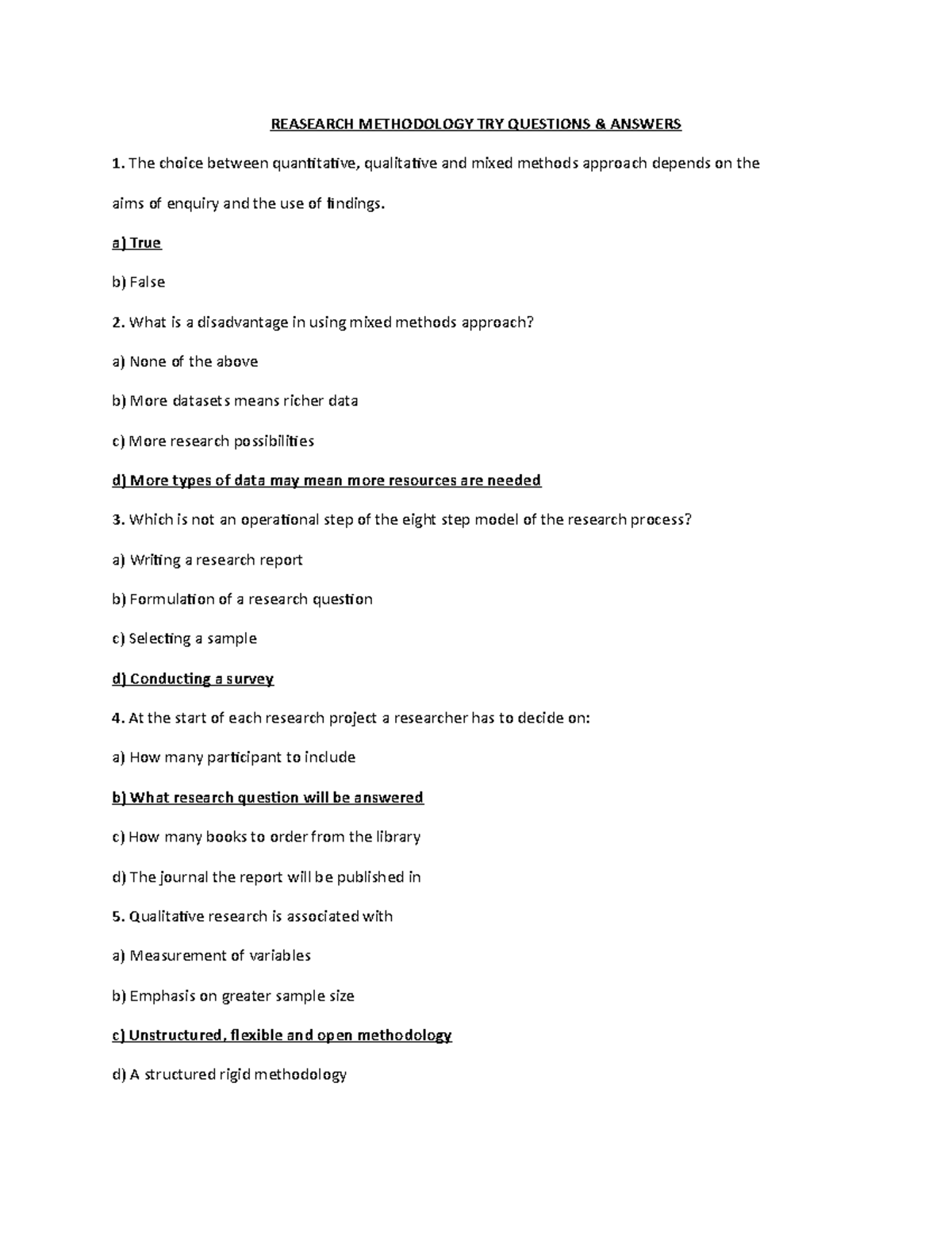 Solutions - REASEARCH METHODOLOGY TRY QUESTIONS & ANSWERS 1. The choice ...