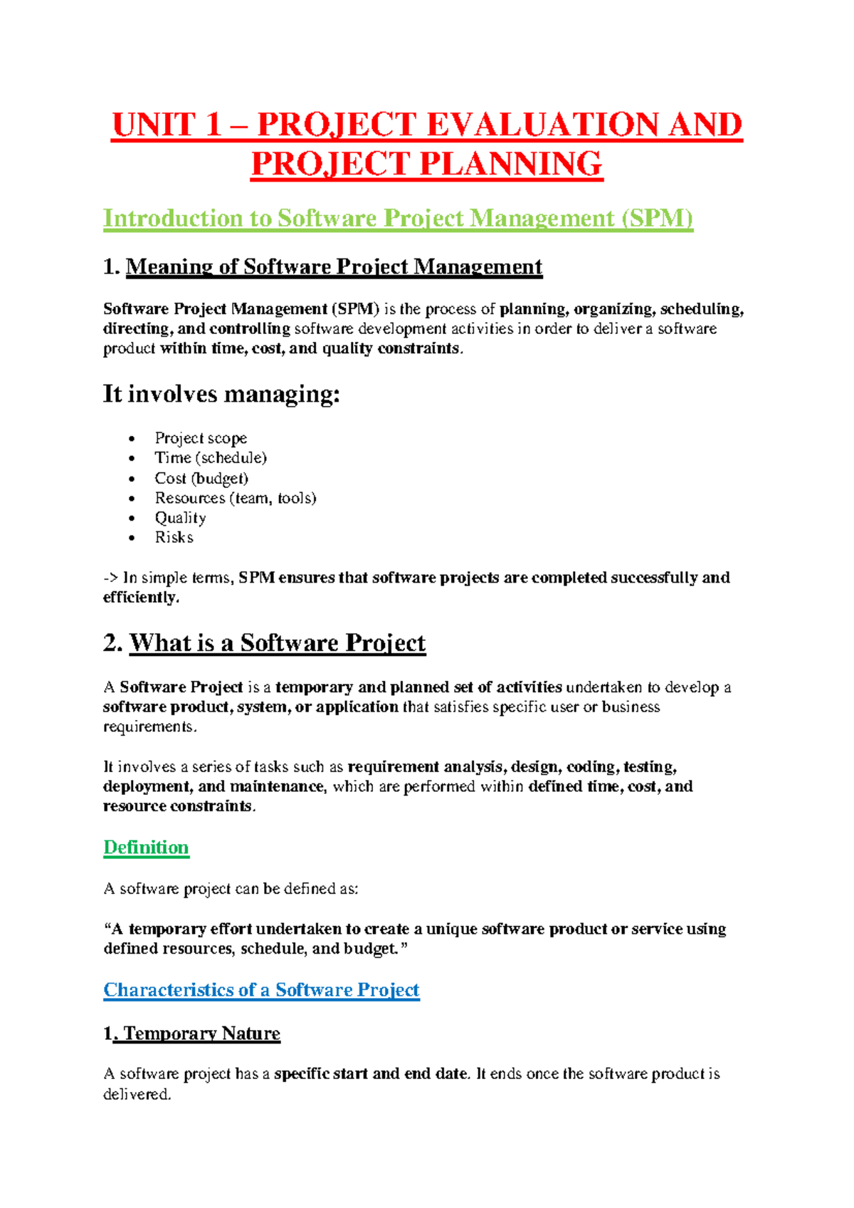 UNIT 1 PROJECT EVALUATION & PLANNING IN SOFTWARE PROJECT MANAGEMENT ...