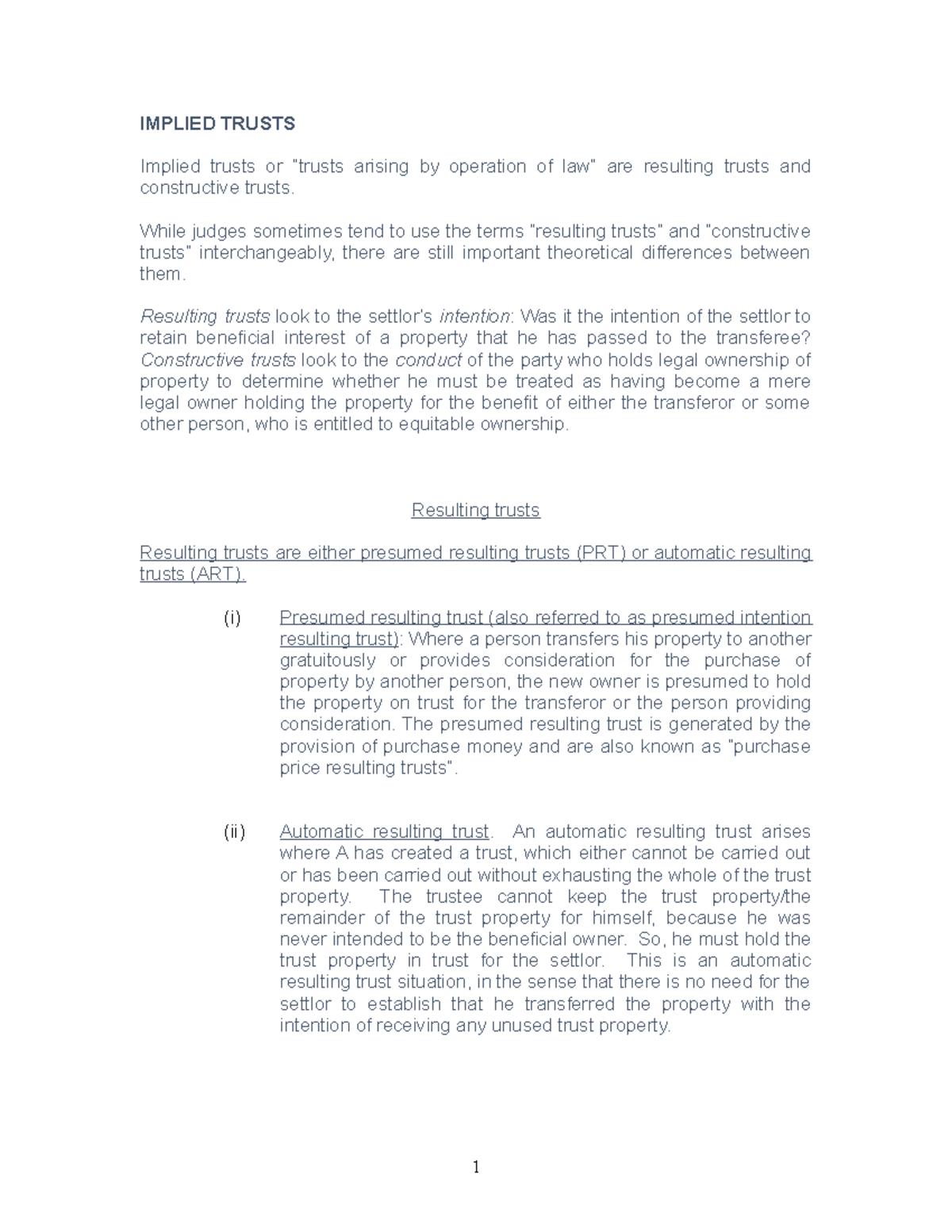 Implied Trusts - lecture law notes - IMPLIED TRUSTS Implied trusts or ...