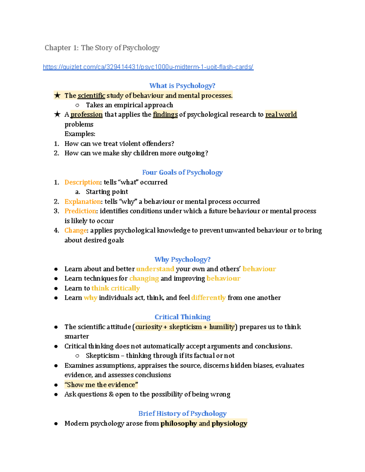W1 - Chapter 1: Introduction to Psychology and Its Foundations - Studocu