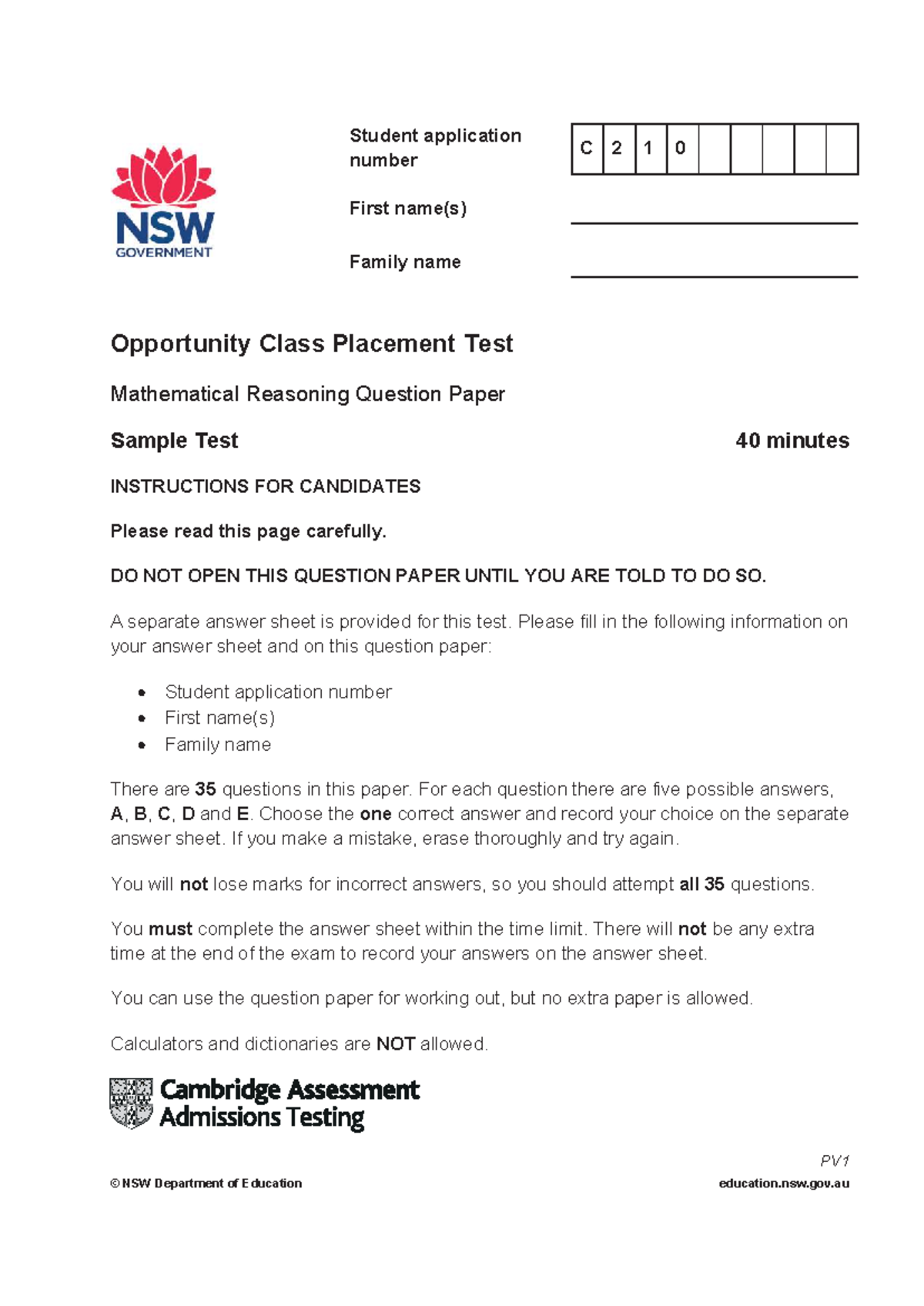 Maths Sample Test Questions: Opportunity Class Placement Test C 2 1 0 ...
