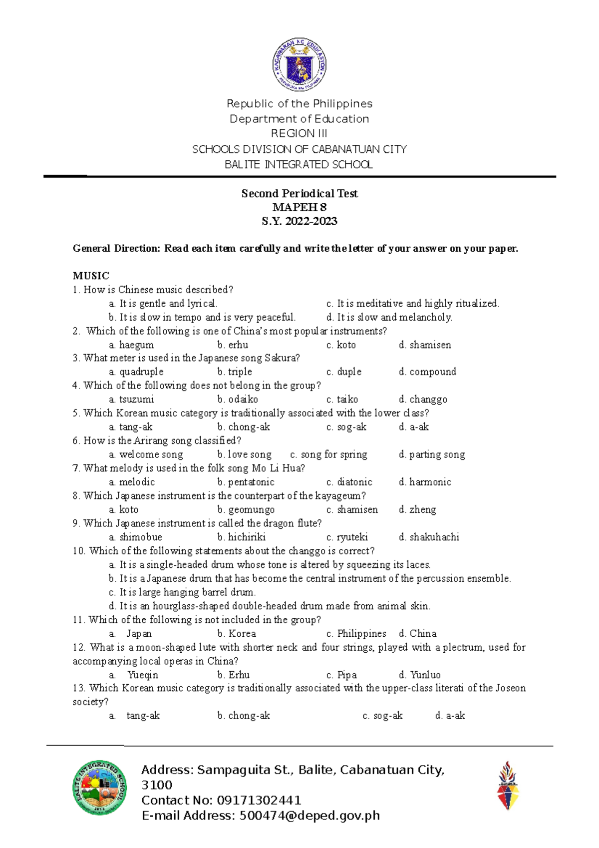 Grade 8 - MAPEH 2nd Periodical Test Review Questions - Studocu